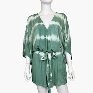 NWT FLAWLESS Faux Wrap Tie-Dye Kimono Romper with Waist Tie (Green | Size M)